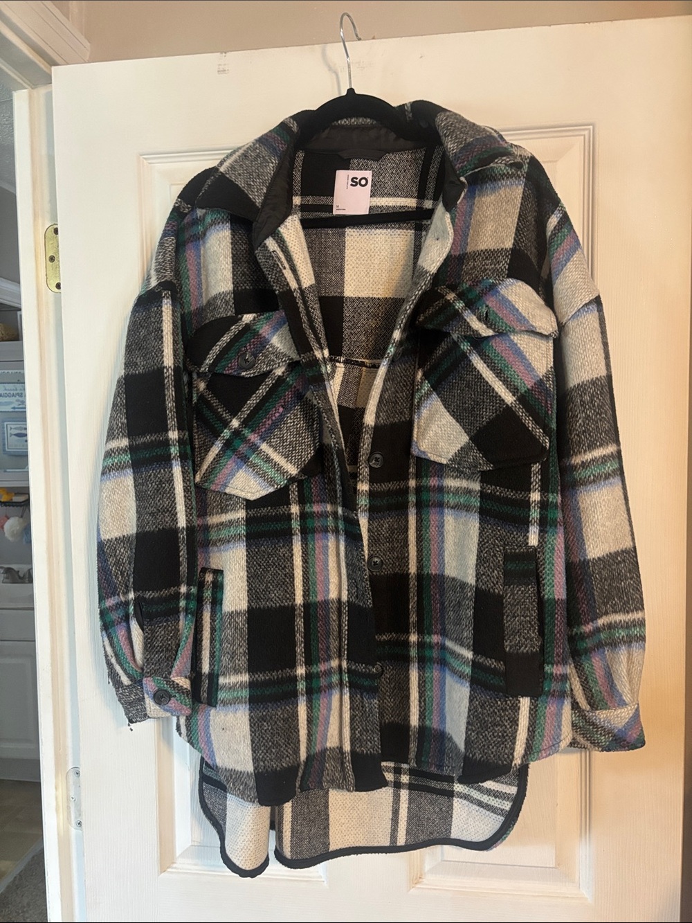 SO Black & Cream Plaid Shacket with Pastel Stripe Accents